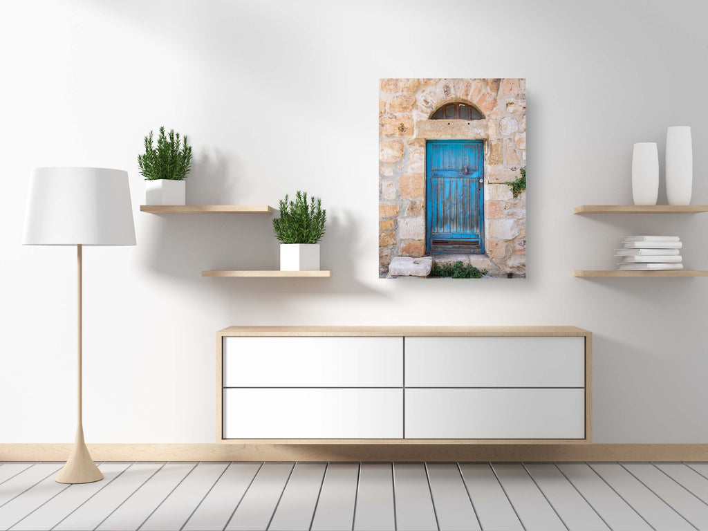Jerusalem Turquoise Wooden Door with Stones and Red Hand — Travel Vintage Blue Door