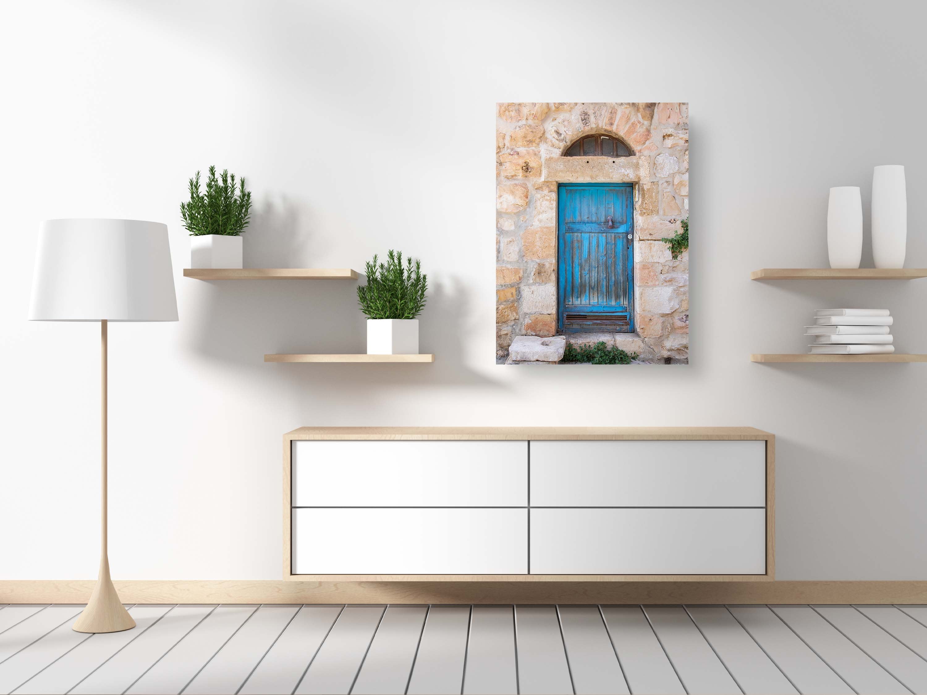 Jerusalem Turquoise Wooden Door with Stones and Red Hand — Travel Vintage Blue Door