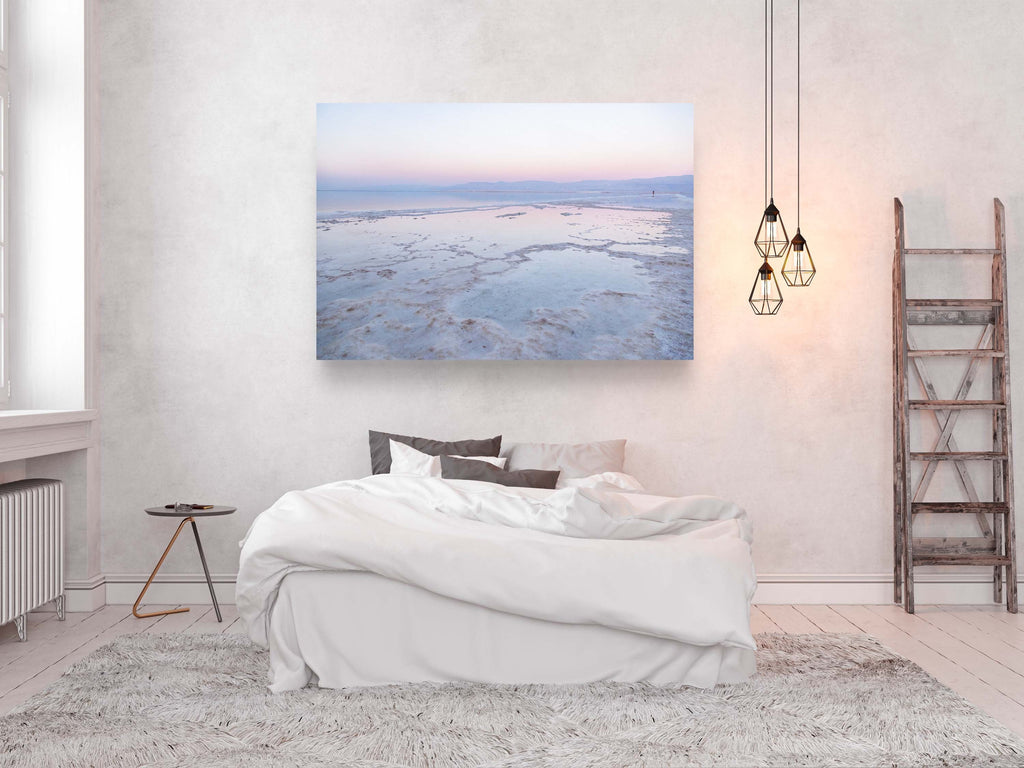 Colorful Dead Sea Israeli Holy Land Sunset with White Salt Sea Minerals and Silhouette
