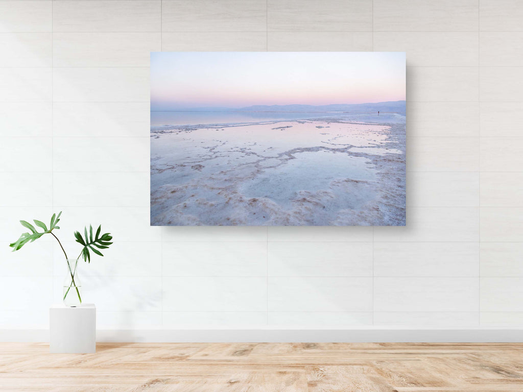 Colorful Dead Sea Israeli Holy Land Sunset with White Salt Sea Minerals and Silhouette