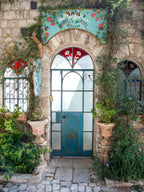 Israeli Holy Land Glazed Turquoise Vintage Door with Ivy and Windows — Rosh Pina Old City