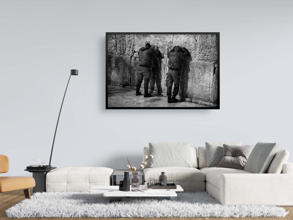 Two Jewish IDF Tsahal Soldiers Praying at the Kotel Western Wall — Black and White Photography