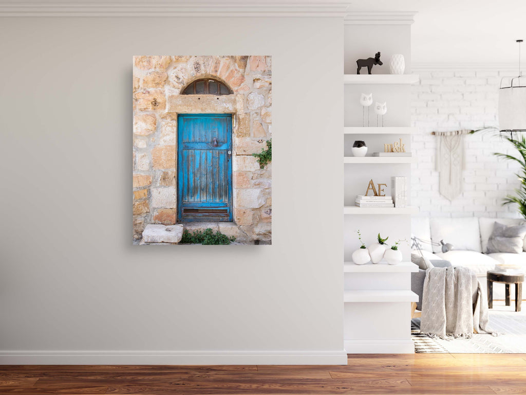 Jerusalem Turquoise Wooden Door with Stones and Red Hand — Travel Vintage Blue Door
