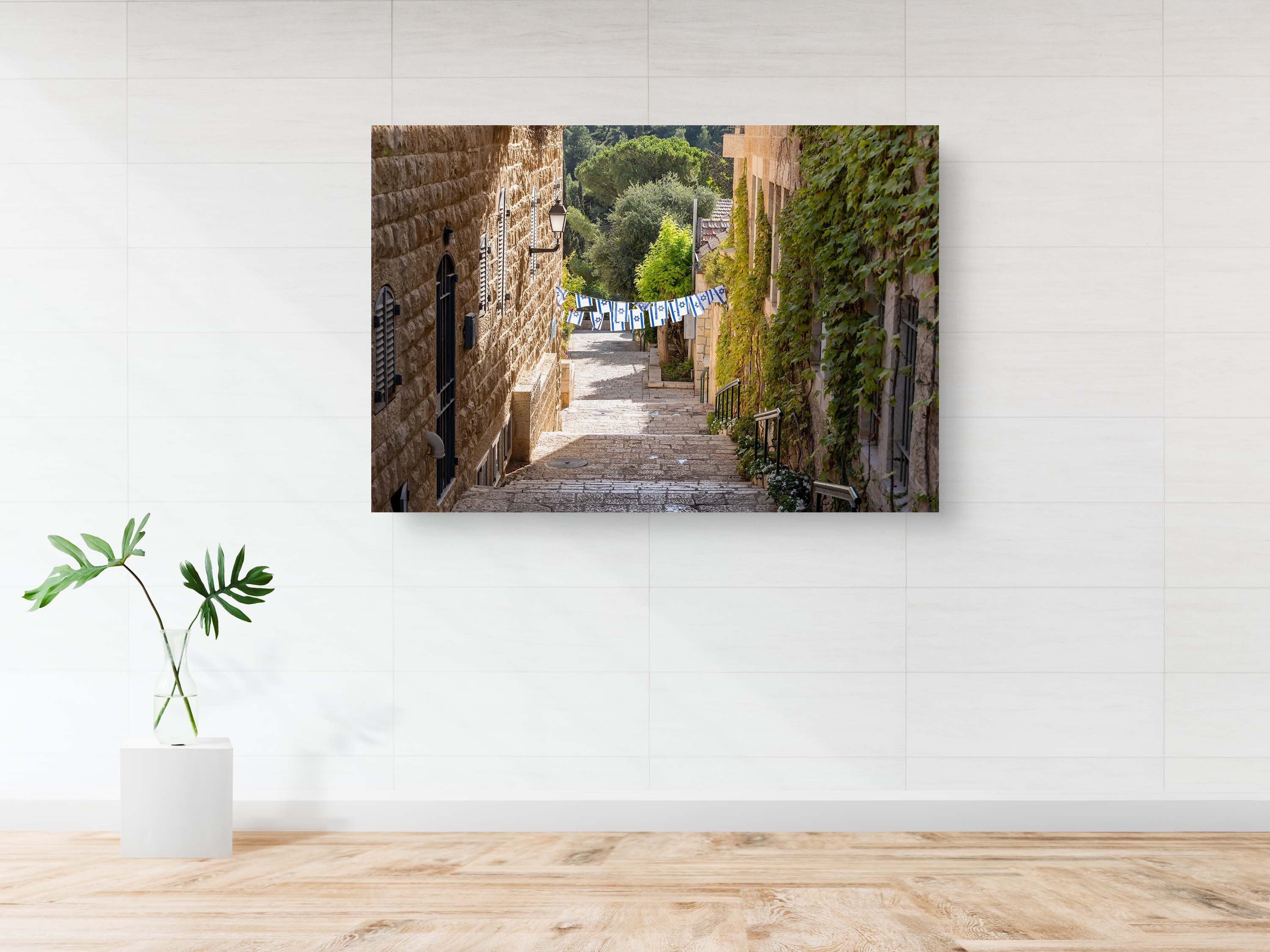 Jerusalem Pedestrian Street with Israeli Flags — Yamin Moshe Neighborhood Holy City