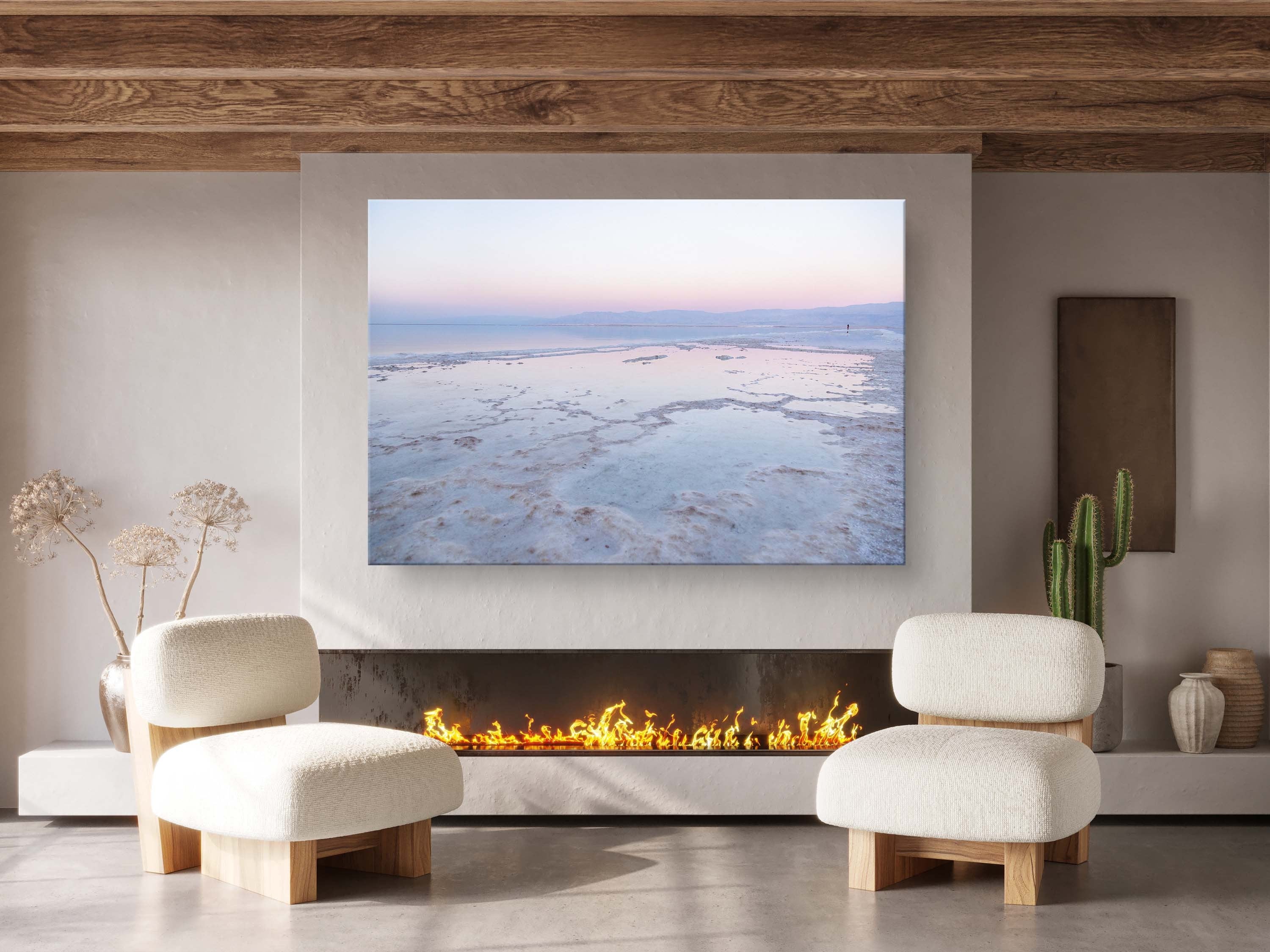 Colorful Dead Sea Israeli Holy Land Sunset with White Salt Sea Minerals and Silhouette