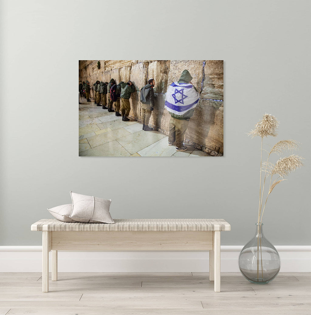 IDF Tsahal Soldiers Praying at the Kotel Western Wall with Israeli Blue & White Flag