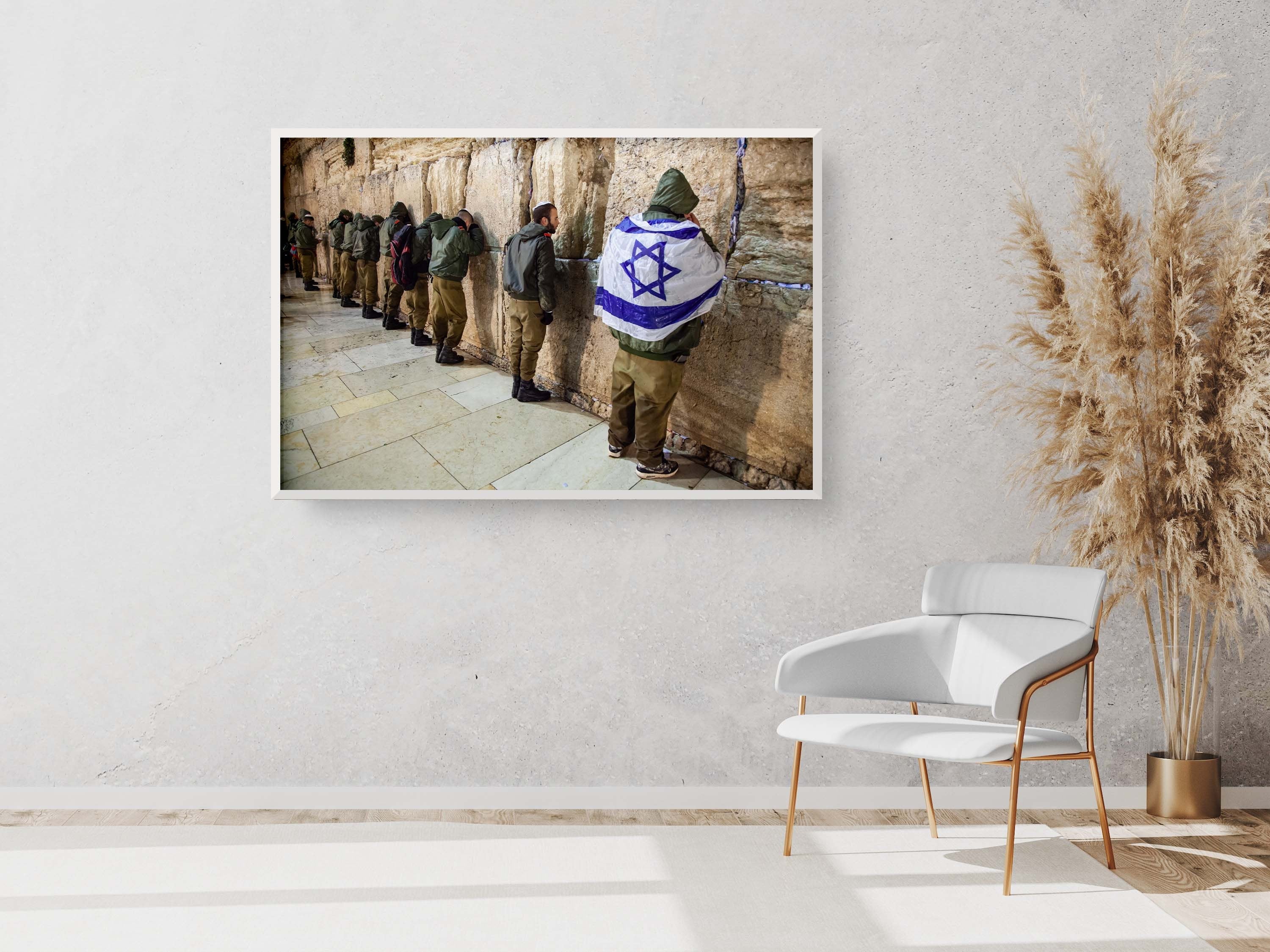 IDF Tsahal Soldiers Praying at the Kotel Western Wall with Israeli Blue & White Flag
