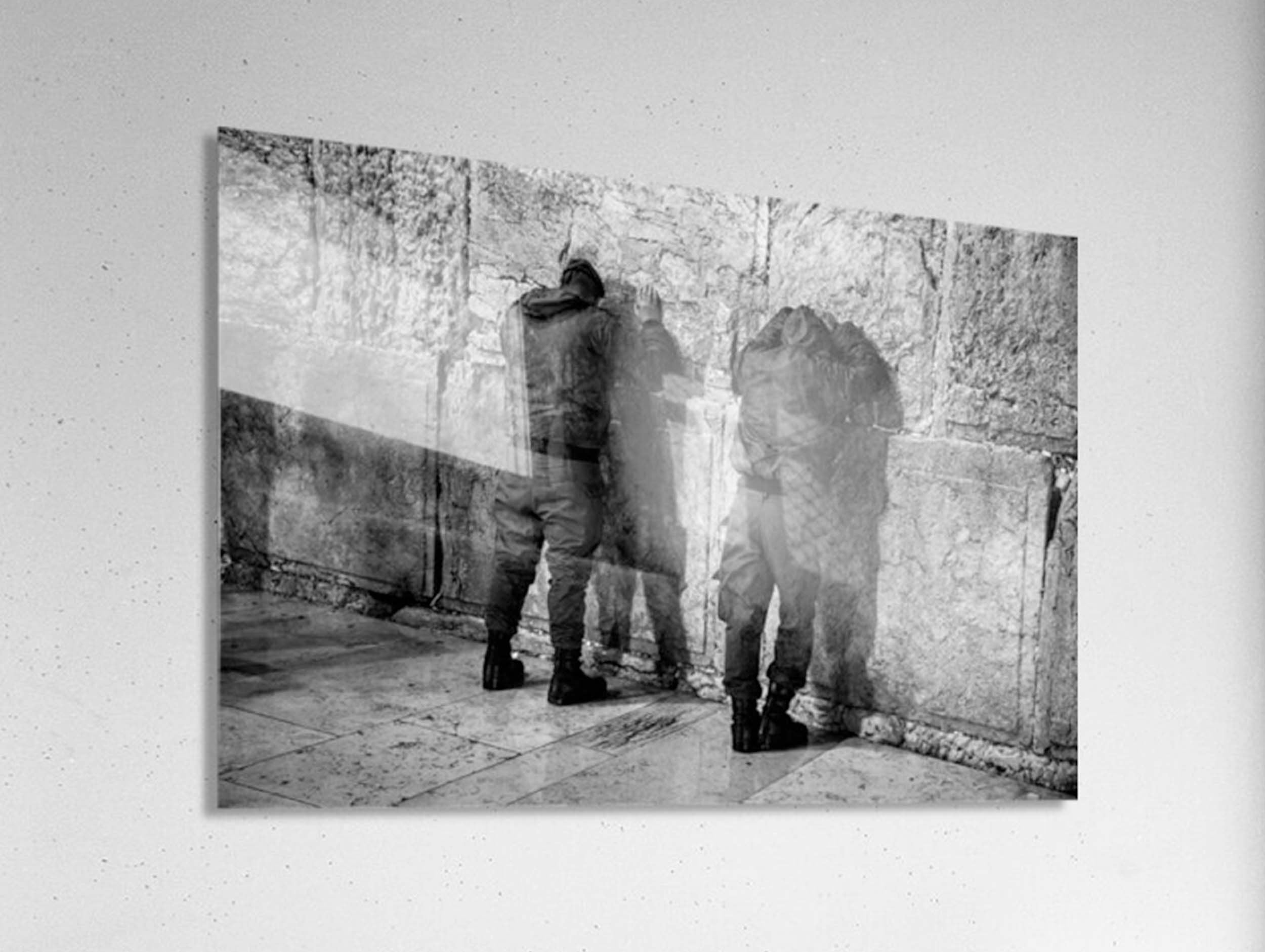 Two Jewish IDF Tsahal Soldiers Praying at the Kotel Western Wall — Black and White Photography