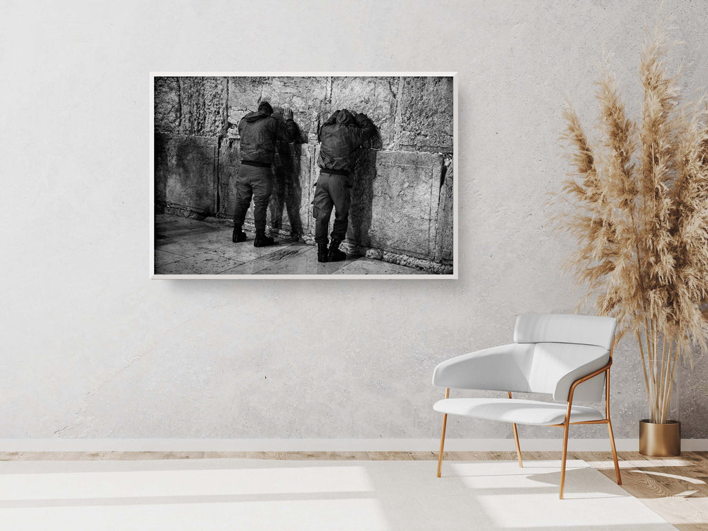 Two Jewish IDF Tsahal Soldiers Praying at the Kotel Western Wall — Black and White Photography