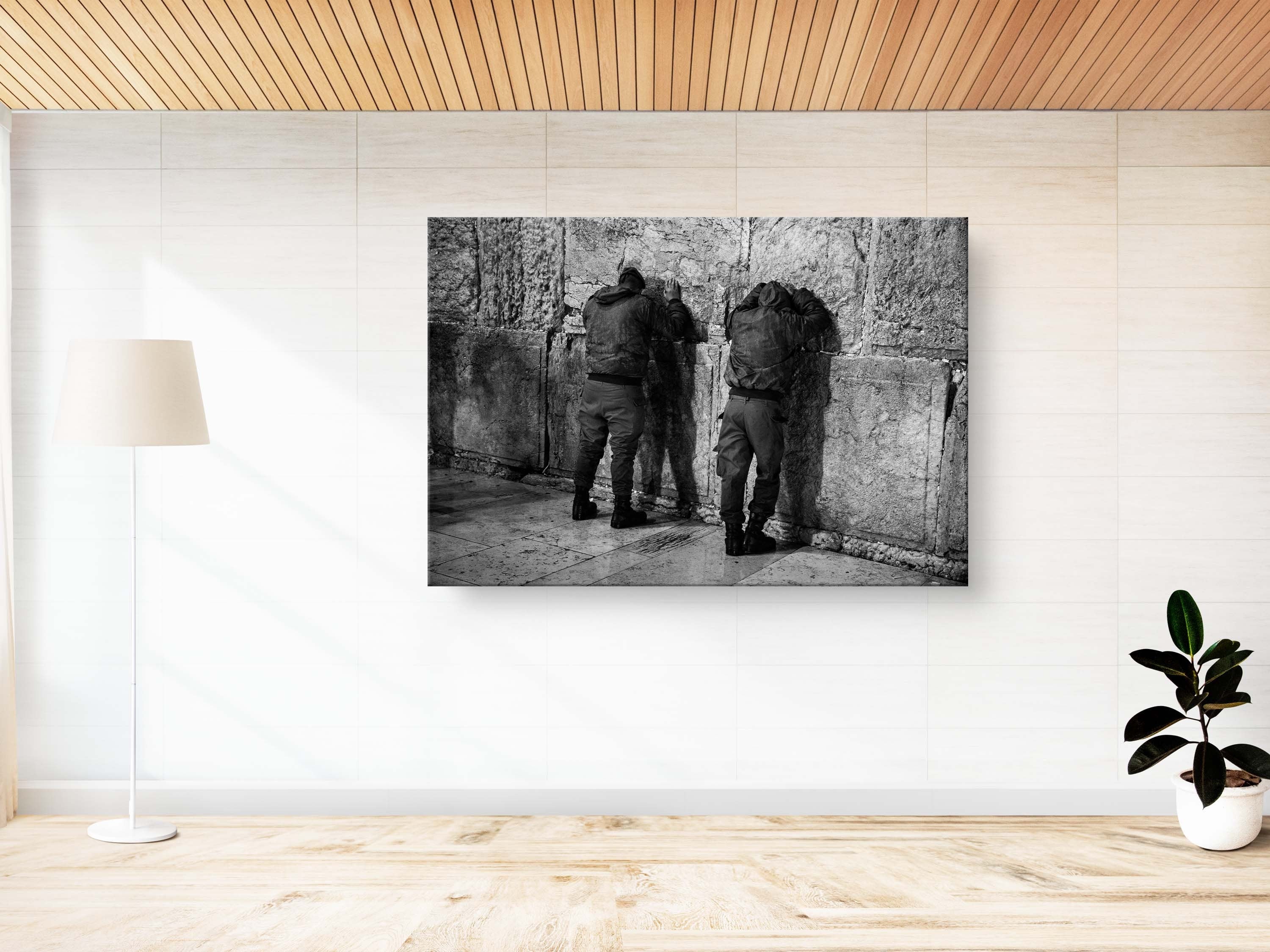 Two Jewish IDF Tsahal Soldiers Praying at the Kotel Western Wall — Black and White Photography