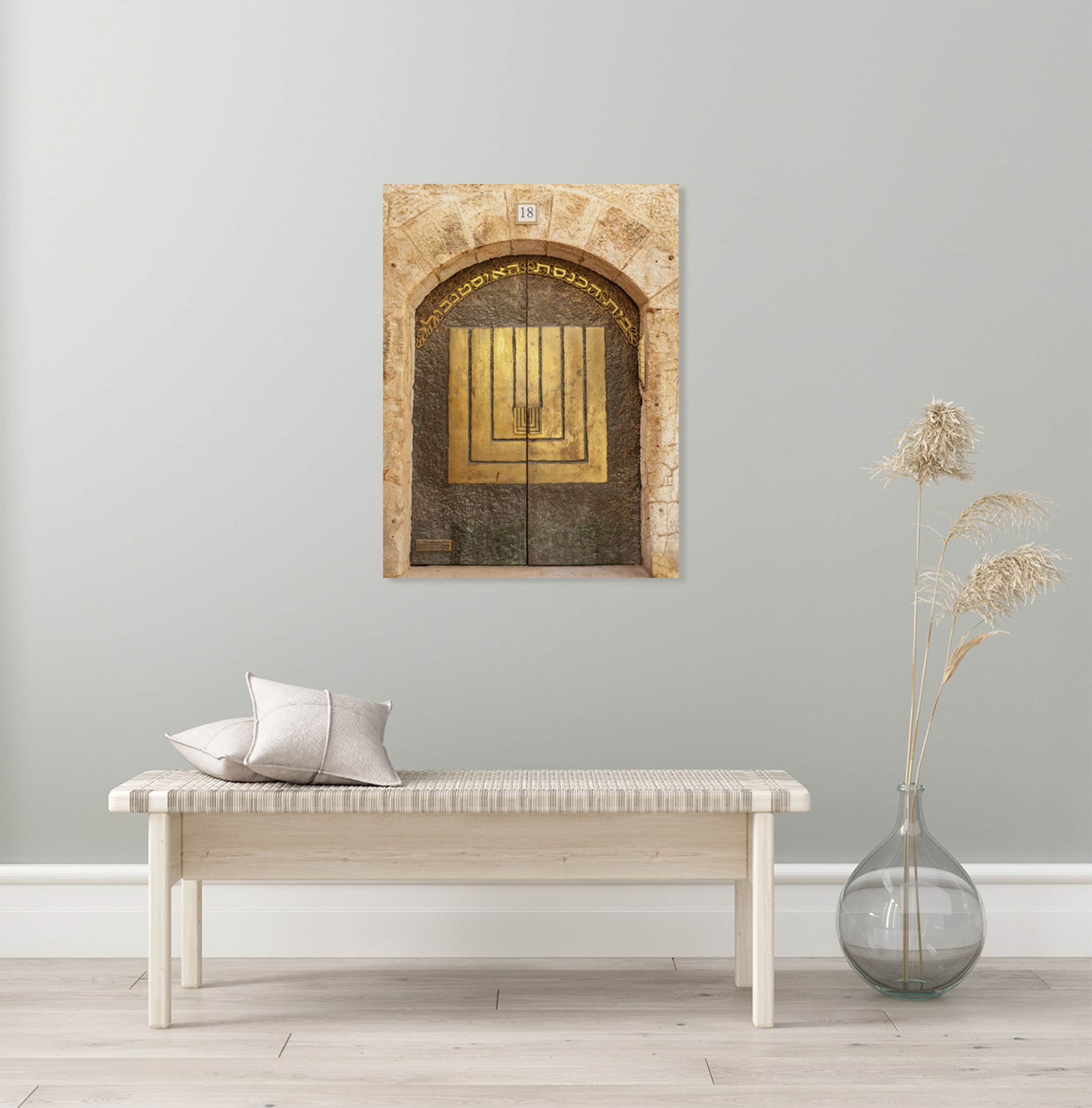 Jerusalem Old City Gold Door Photography — Istanbuli Synagogue Entrance with Menorah Candelabrum
