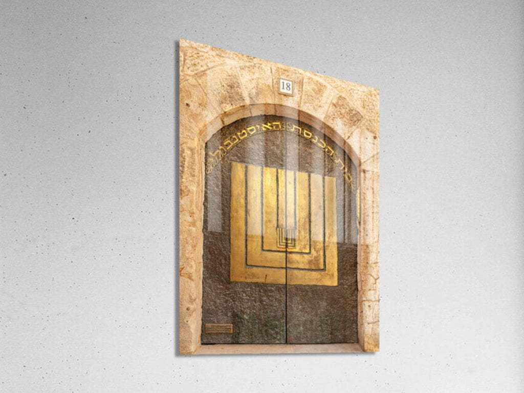Jerusalem Old City Gold Door Photography — Istanbuli Synagogue Entrance with Menorah Candelabrum