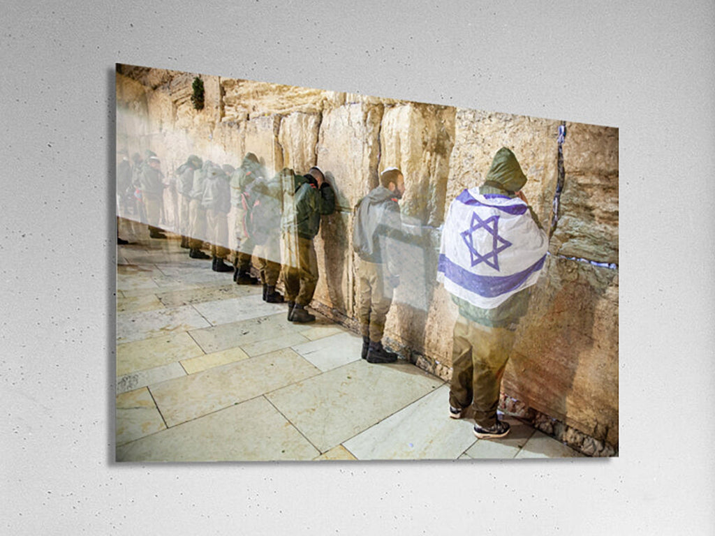 IDF Tsahal Soldiers Praying at the Kotel Western Wall with Israeli Blue & White Flag
