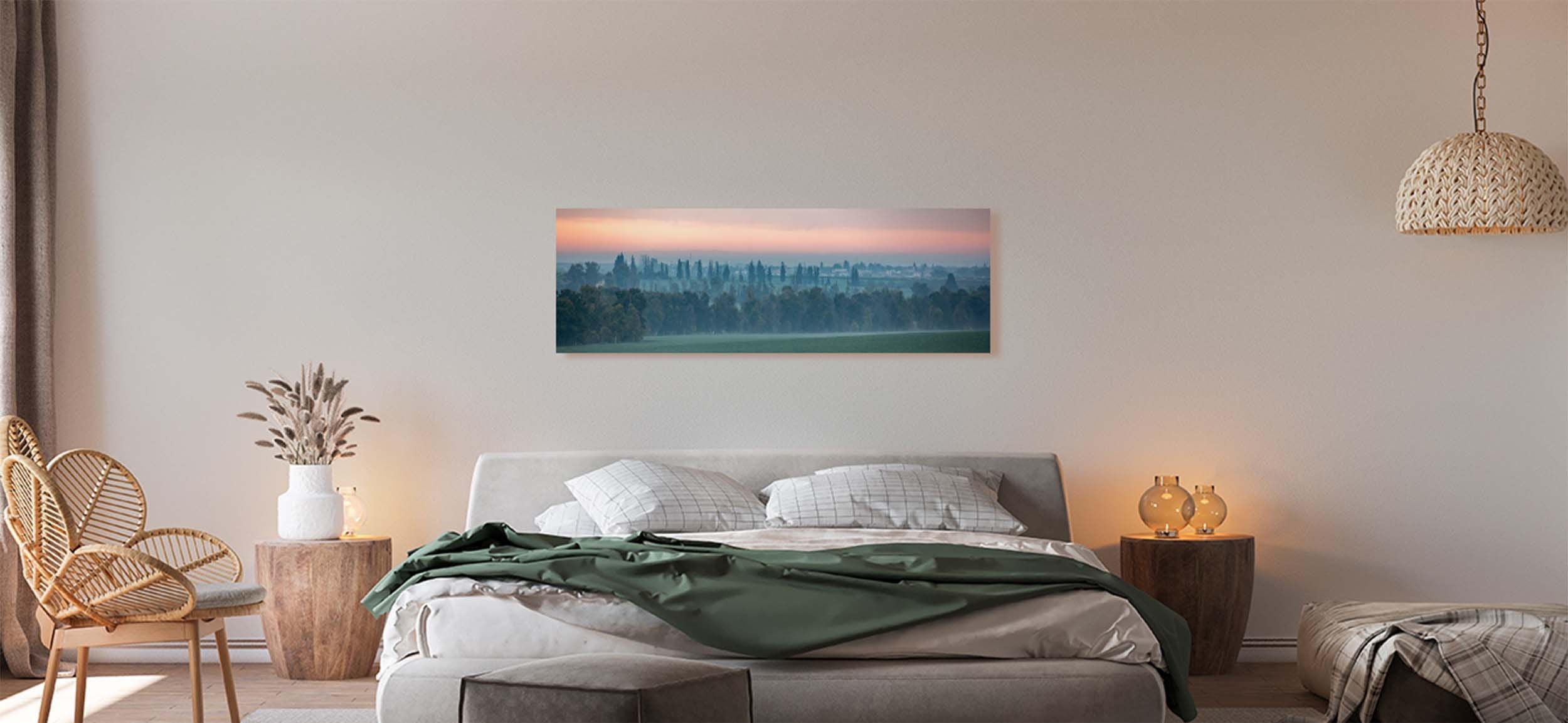 Holy Land Israeli Sunrise Panoramic Landscape: Green Field and Trees, Kibbutz Beeri