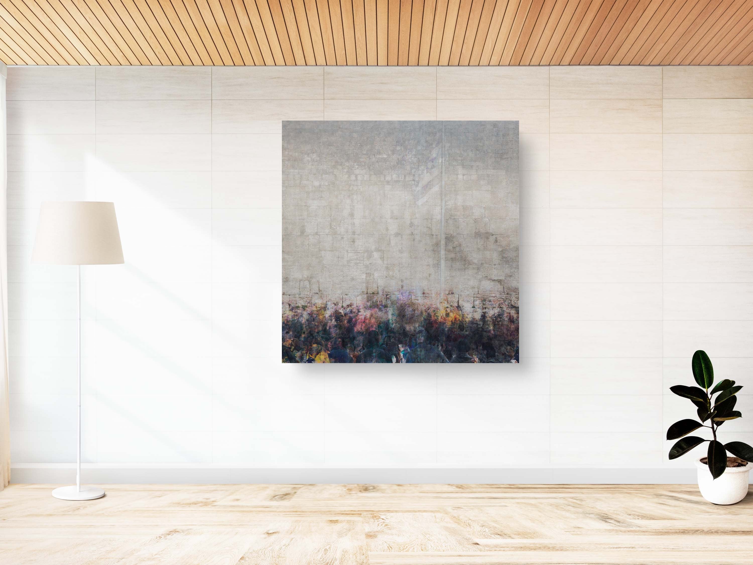Kotel Western Wall and Israeli Flag Painting — Many Jewish People Praying at the Western Wall