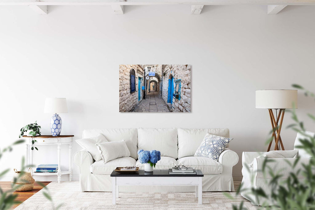 Safed Tzfat Old City Pedestrian Street with Blue Doors Jerusalem Stones — Photography