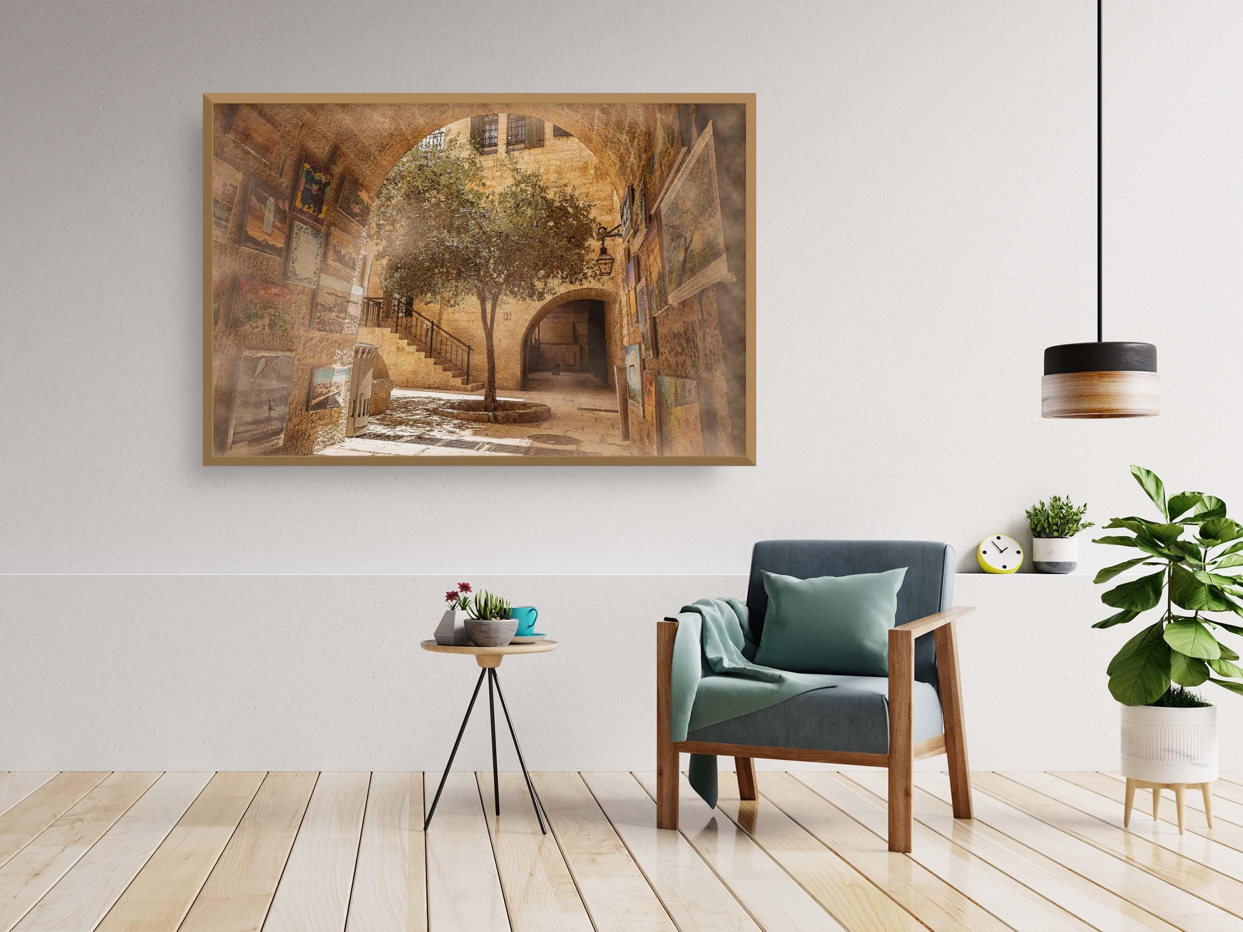 Jerusalem Old City Pedestrian Street Painting with Olive Tree and Arch — Jewish Quarter