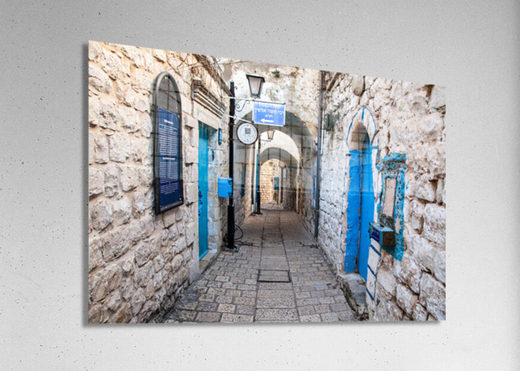 Safed Tzfat Old City Pedestrian Street with Blue Doors Jerusalem Stones — Photography