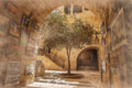 Jerusalem Old City Pedestrian Street Painting with Olive Tree and Arch — Jewish Quarter