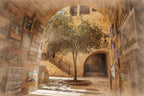 Jerusalem Old City Pedestrian Street Painting with Olive Tree and Arch — Jewish Quarter