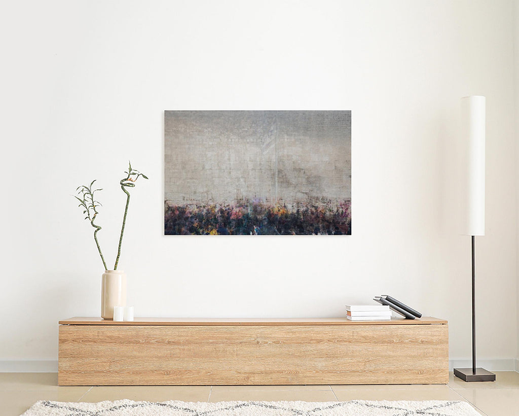 Jerusalem Kotel Western Wall Abstract Painting — Jewish Men Praying at the Kosel with Blue & White Israeli Flag