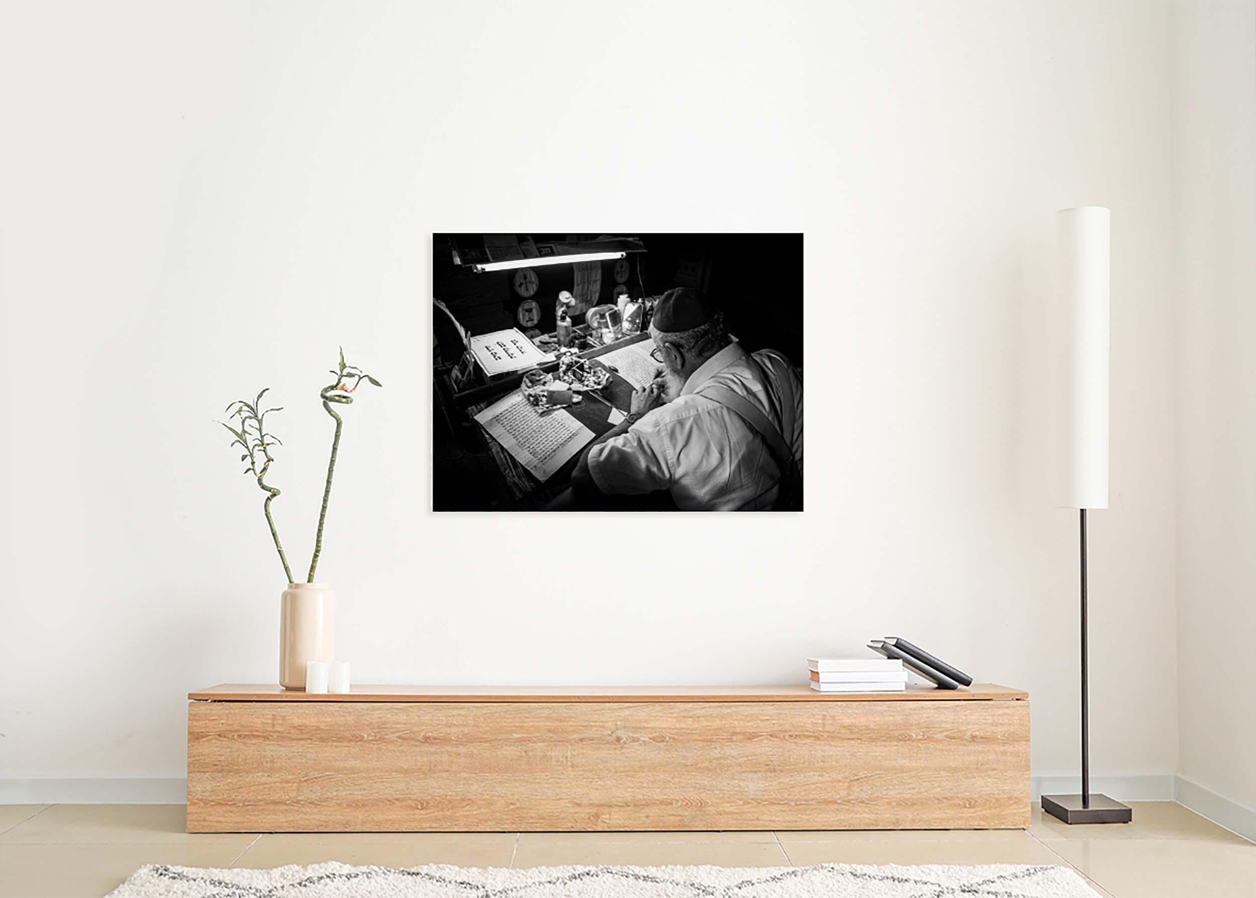 Black & White Torah Scribe Wall Art: Sofer Stam Writing Bible on Parchment, Masada Synagogue