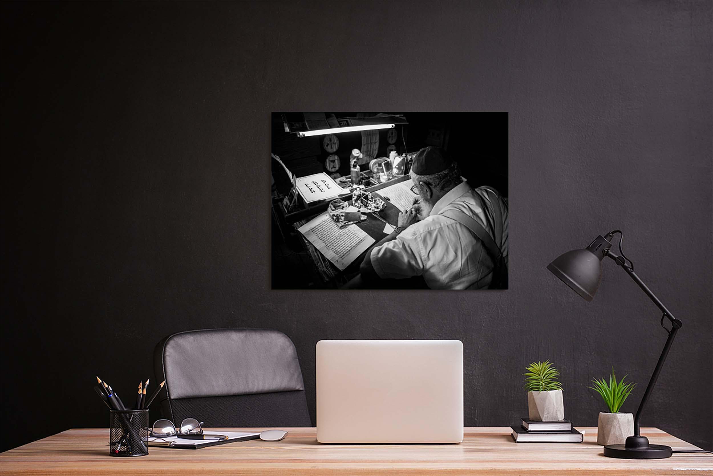 Black & White Torah Scribe Wall Art: Sofer Stam Writing Bible on Parchment, Masada Synagogue