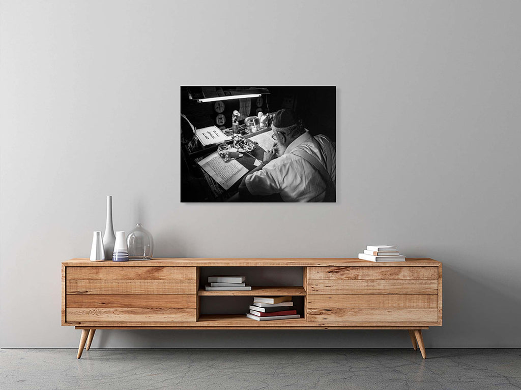 Black & White Torah Scribe Wall Art: Sofer Stam Writing Bible on Parchment, Masada Synagogue