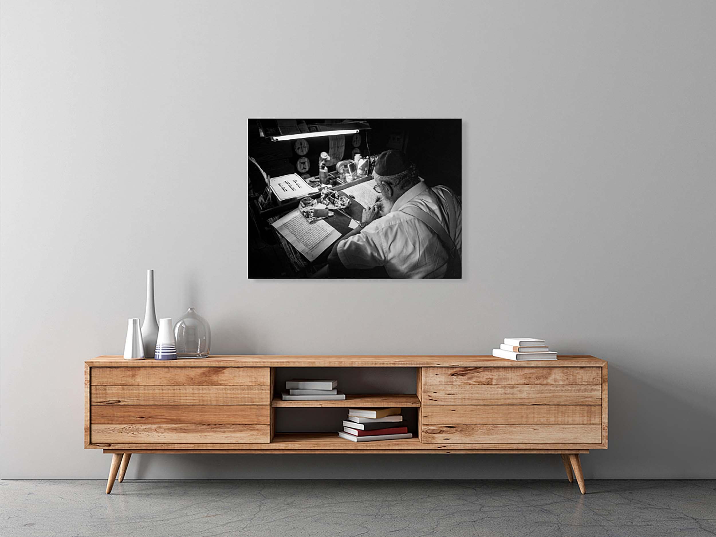 Black & White Torah Scribe Wall Art: Sofer Stam Writing Bible on Parchment, Masada Synagogue