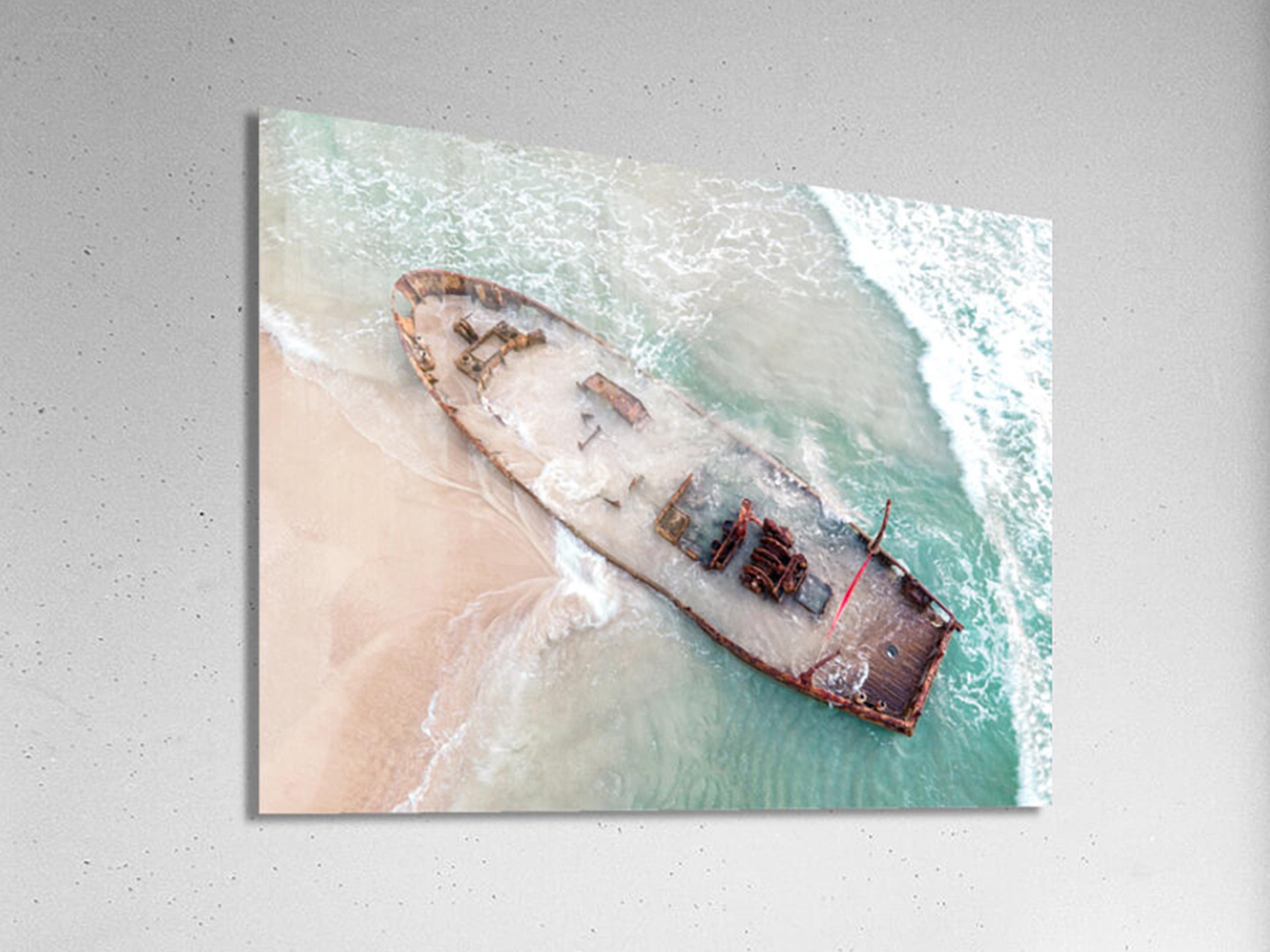 Habonim Beach Print: Israeli Turquoise Sea, Wrecked Boat Seascape