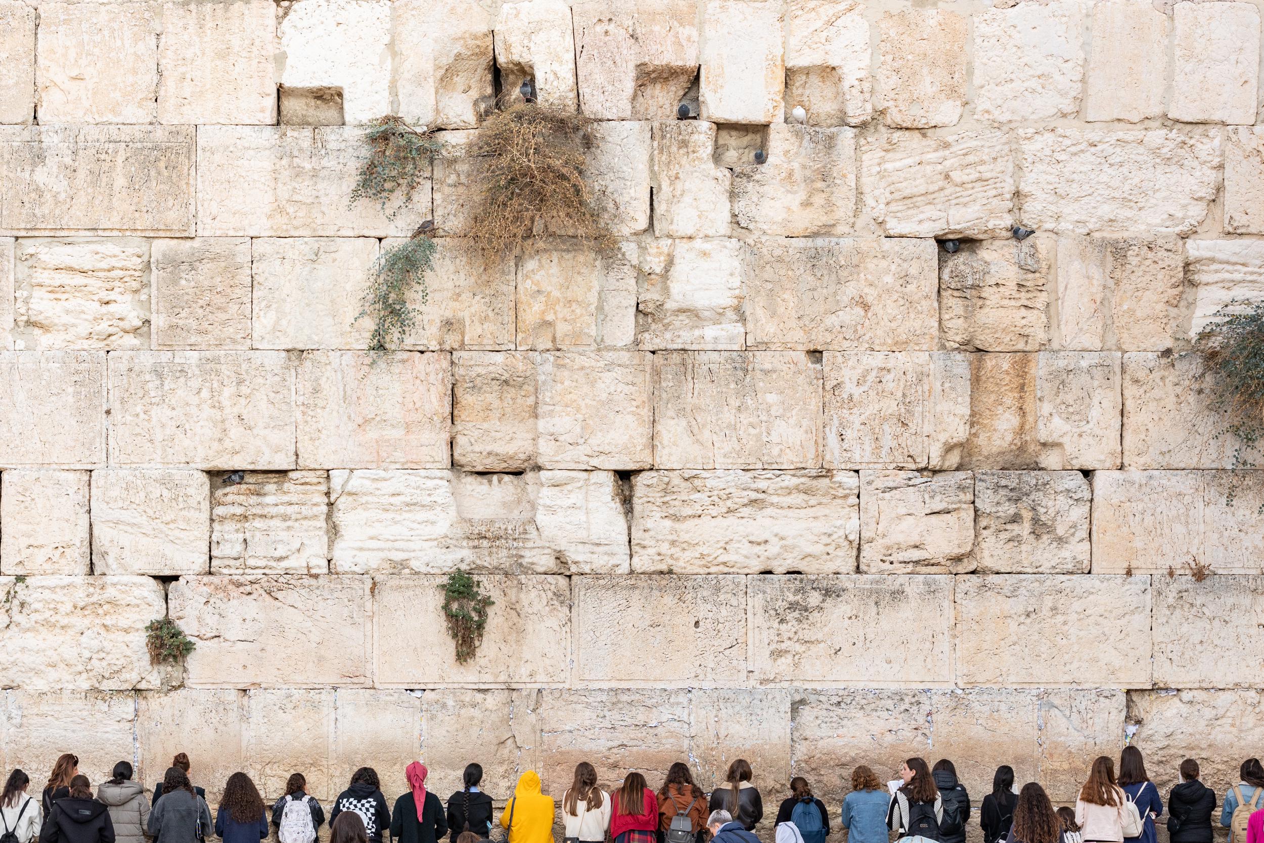 Women Praying at the Kotel Western Wall with Pigeons in Gaps — Am Israel Chai