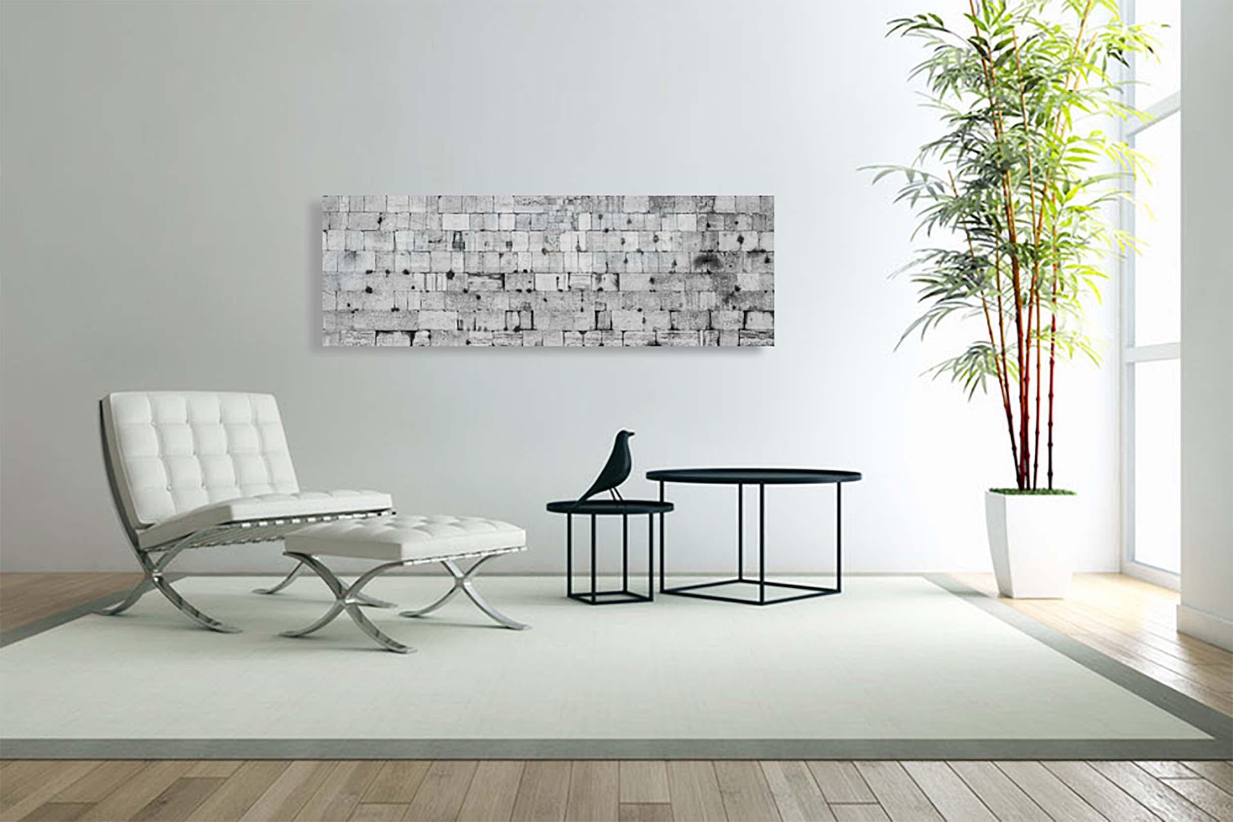 Black and White Panoramic Kotel Western Wall Stones with Vegetation