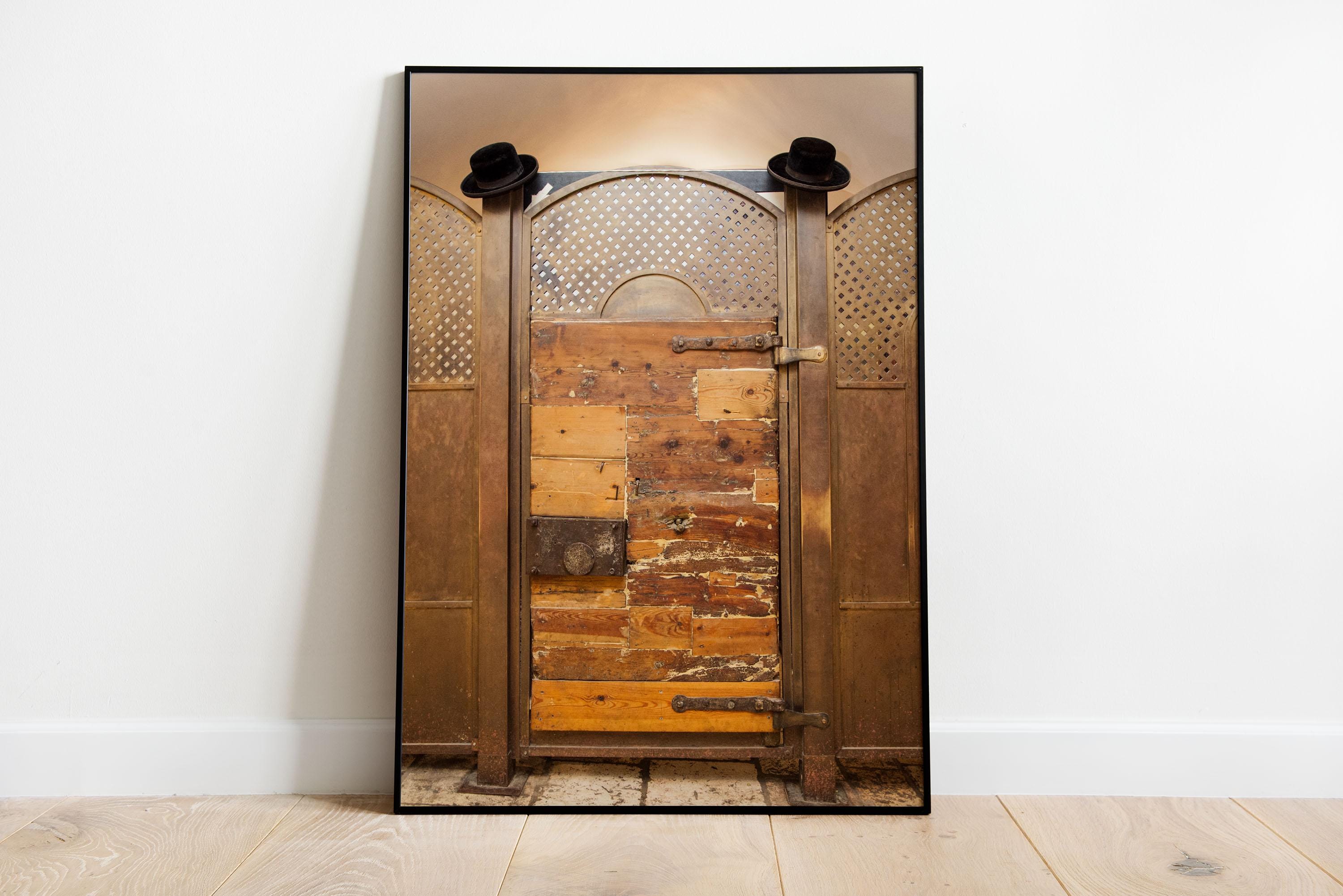 Jerusalem Vintage Wooden Door with Orthodox Jewish Black Hats at Kever Rachel (Rochel) Tomb