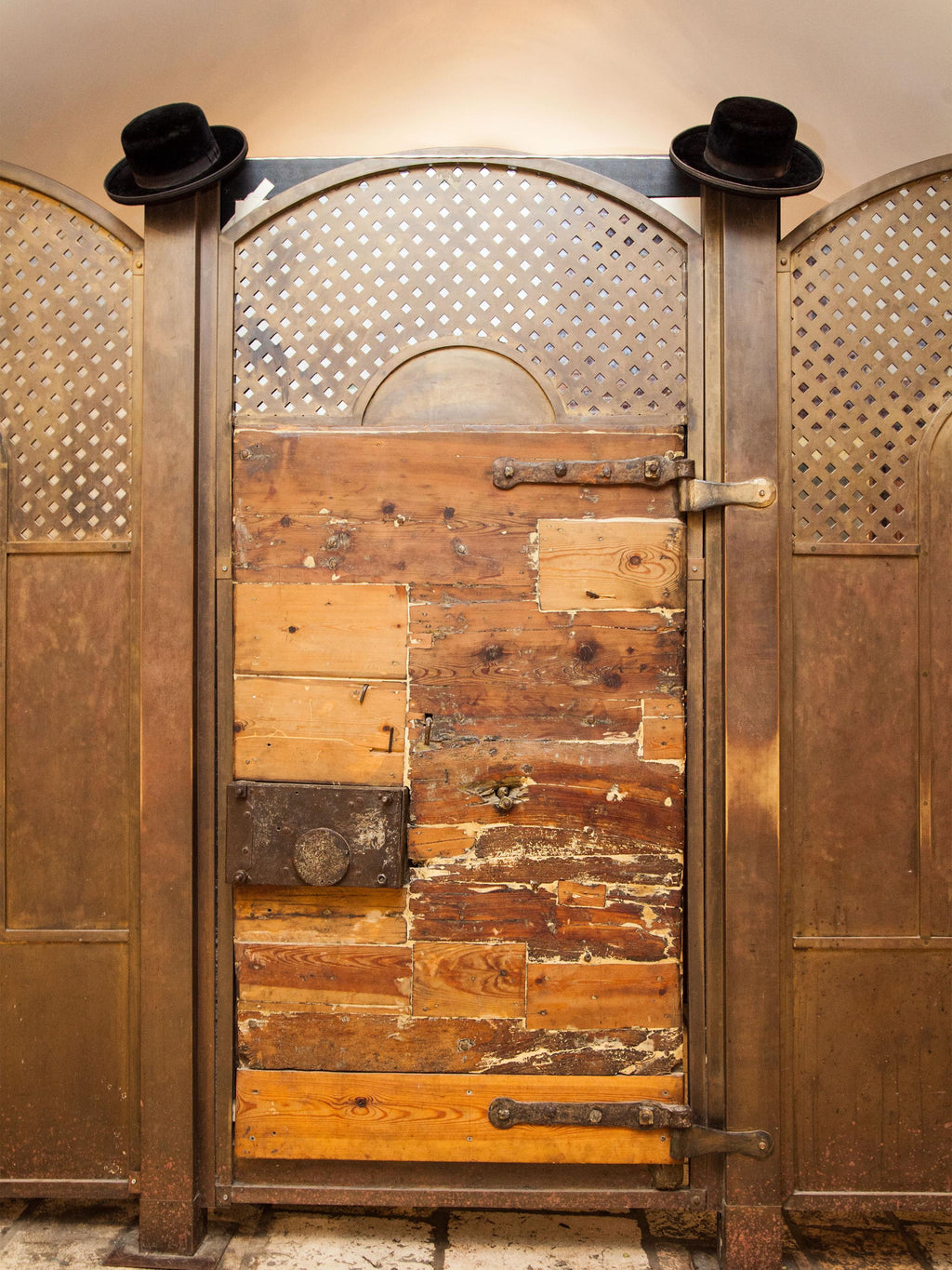 Jerusalem Vintage Wooden Door with Orthodox Jewish Black Hats at Kever Rachel (Rochel) Tomb