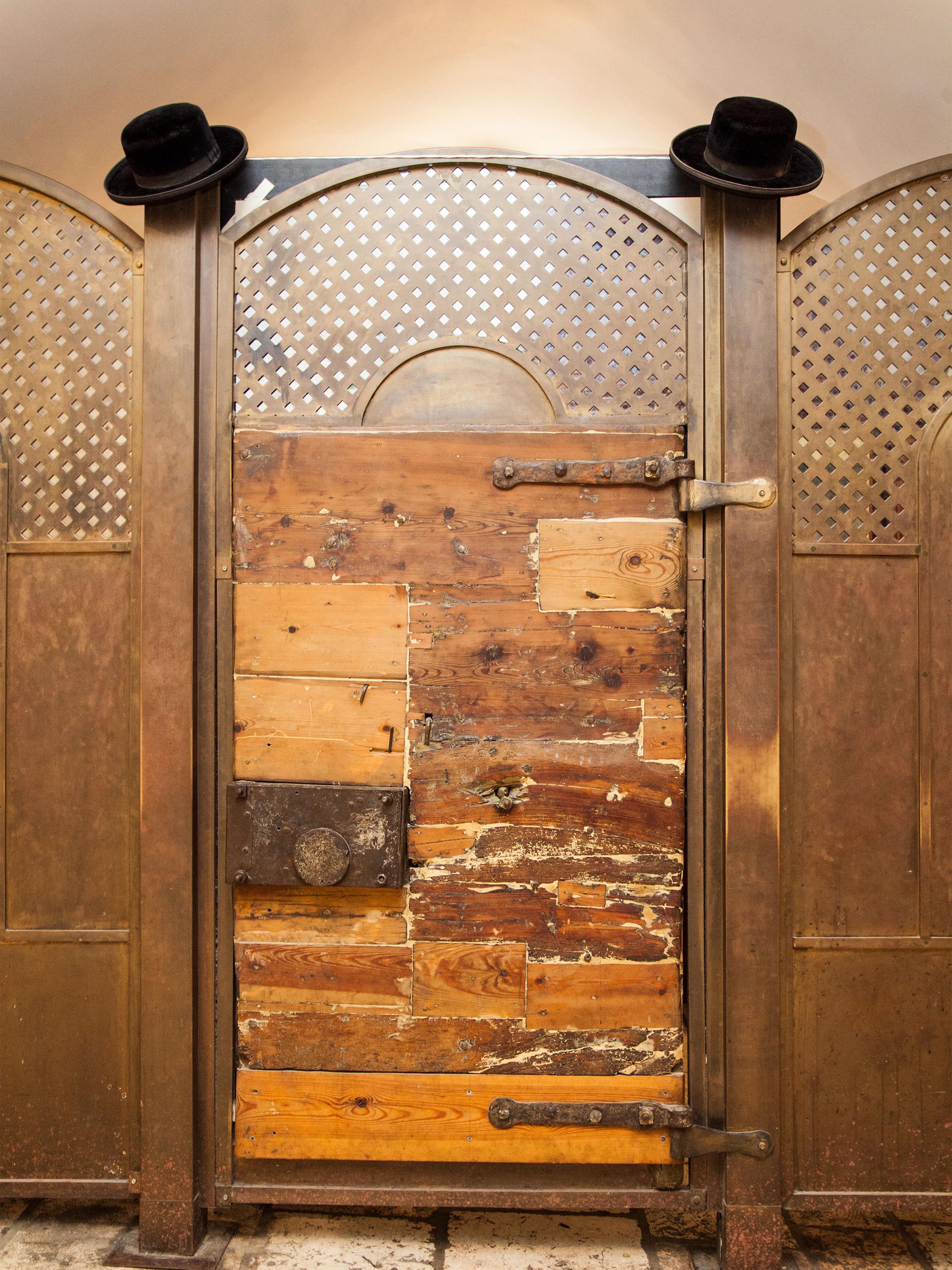 Jerusalem Vintage Wooden Door with Orthodox Jewish Black Hats at Kever Rachel (Rochel) Tomb