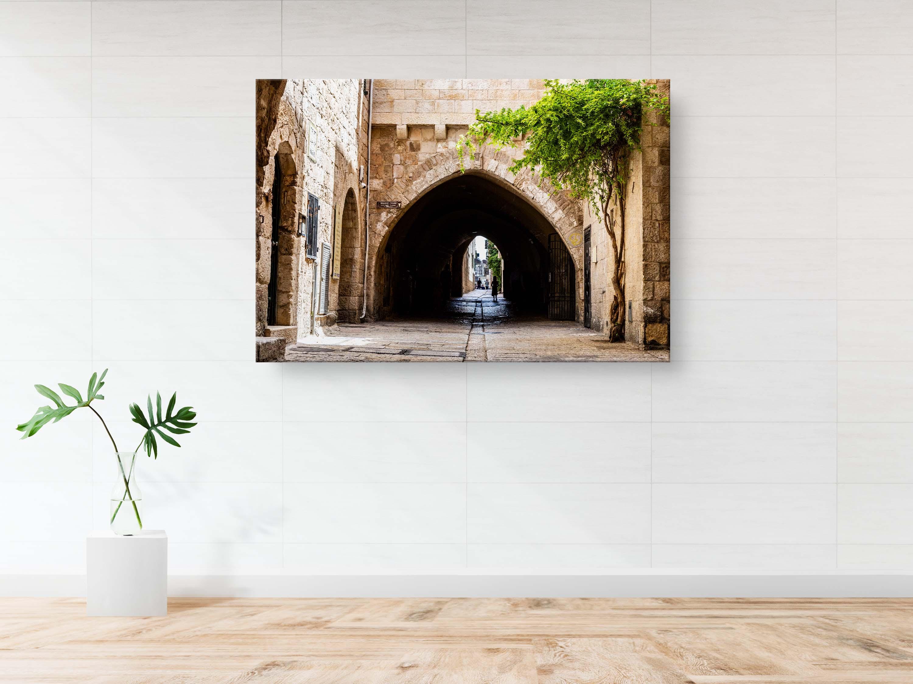 Jerusalem Old City Pedestrian Street with Tunnel Arch and a Girl in the Shadow