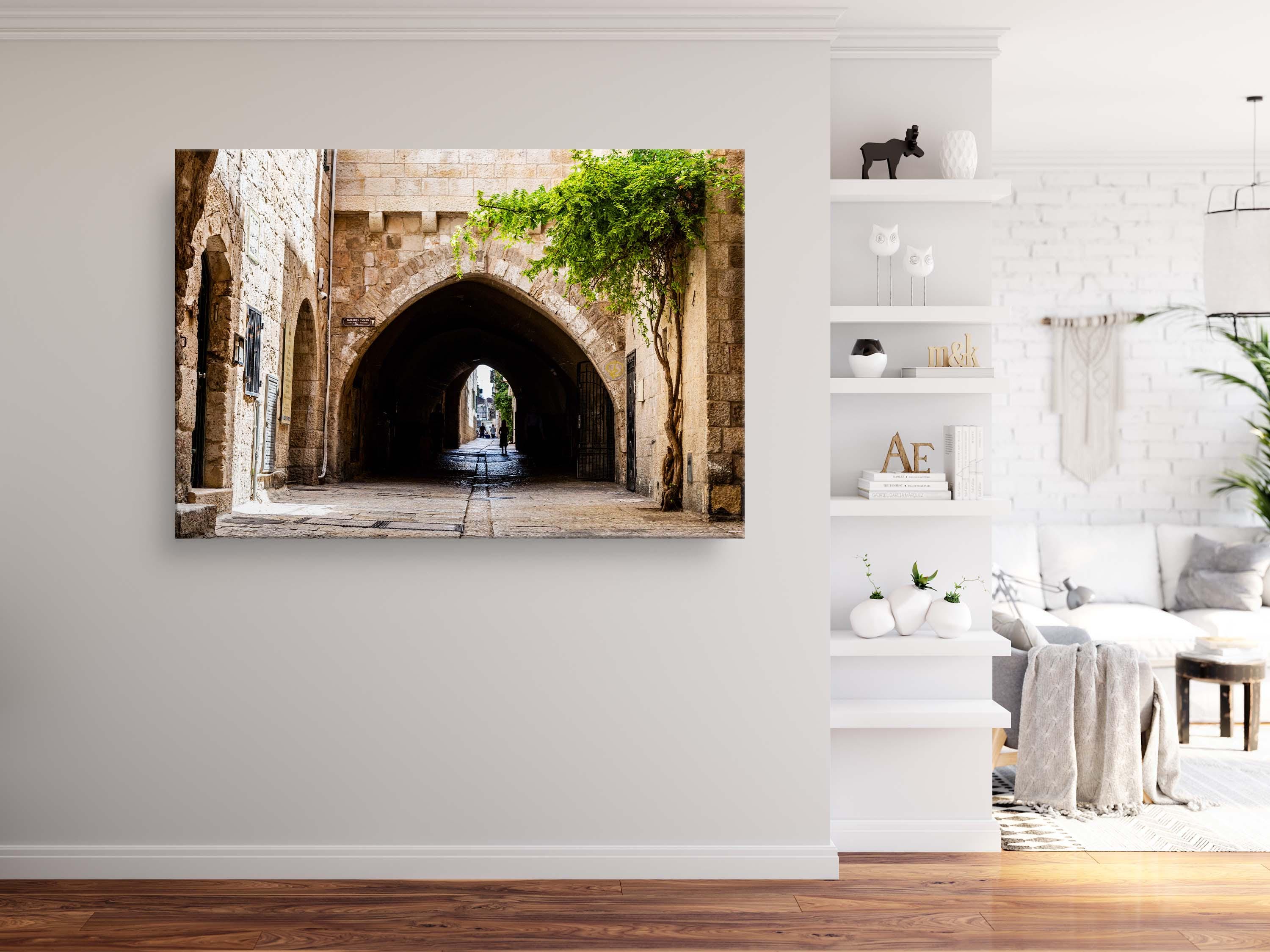 Jerusalem Old City Pedestrian Street with Tunnel Arch and a Girl in the Shadow