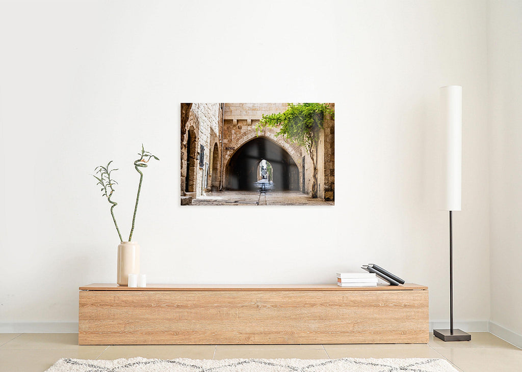 Jerusalem Old City Pedestrian Street with Tunnel Arch and a Girl in the Shadow