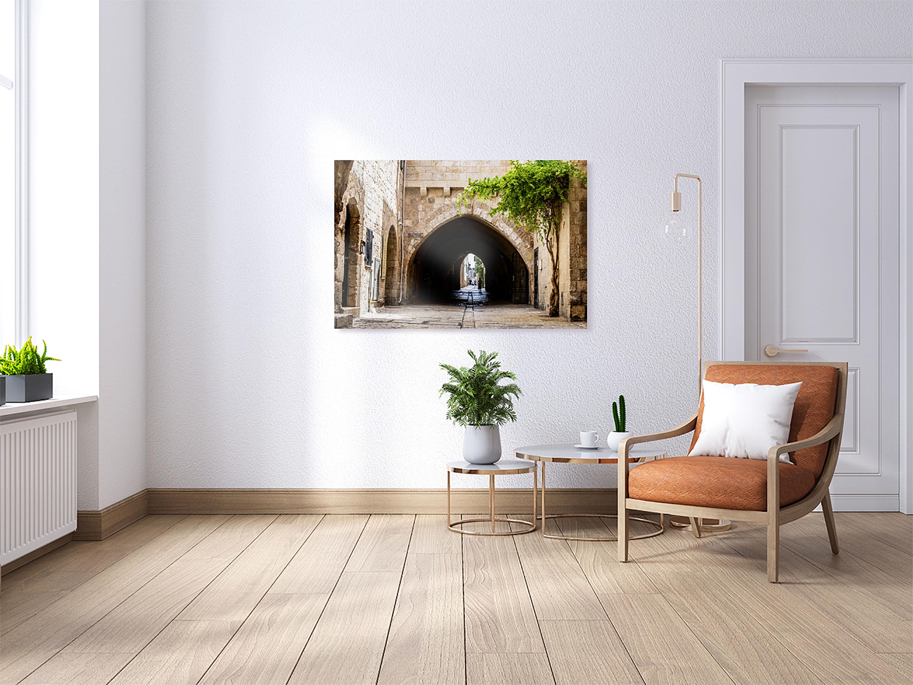 Jerusalem Old City Pedestrian Street with Tunnel Arch and a Girl in the Shadow