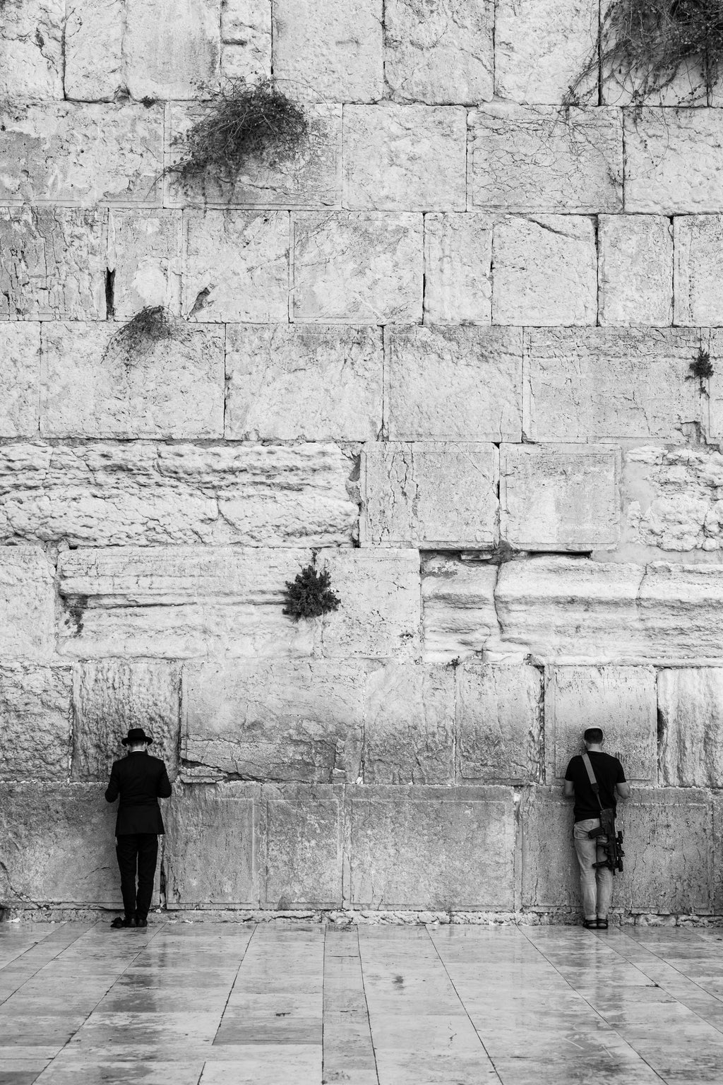 Black & White IDF Tsahal Soldier and Jewish Orthodox Praying Together at the Kotel Western Wall