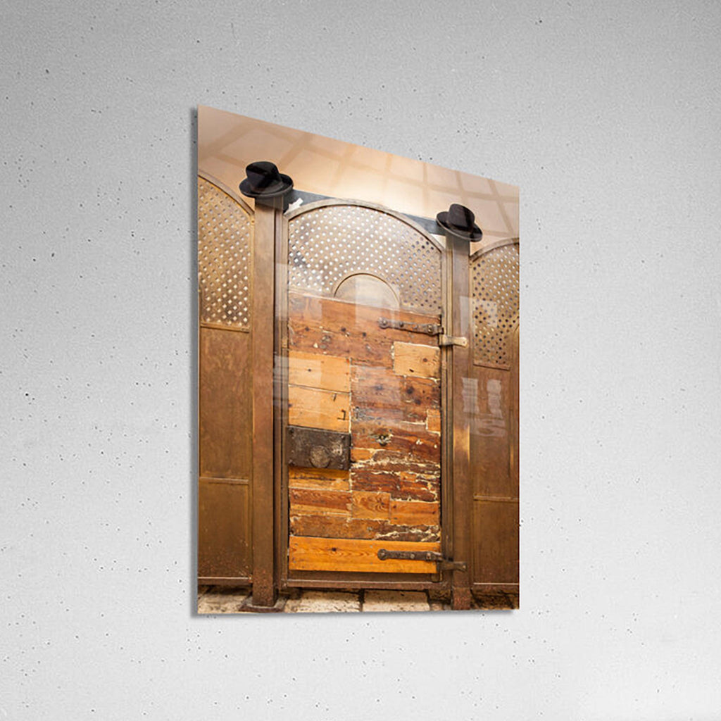 Jerusalem Vintage Wooden Door with Orthodox Jewish Black Hats at Kever Rachel (Rochel) Tomb