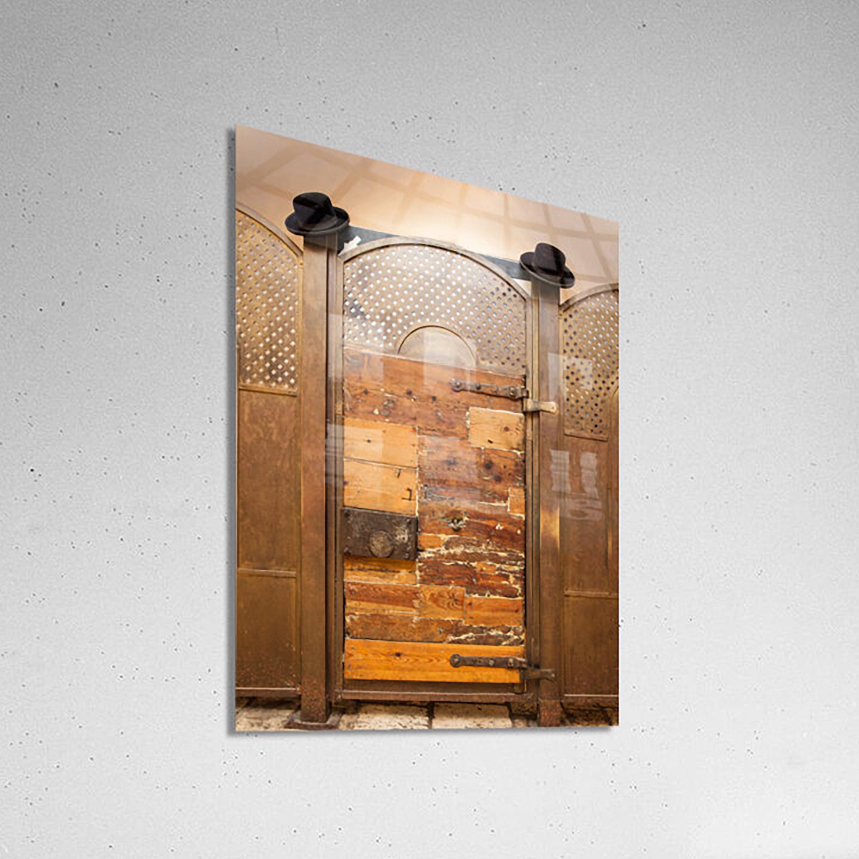 Jerusalem Vintage Wooden Door with Orthodox Jewish Black Hats at Kever Rachel (Rochel) Tomb