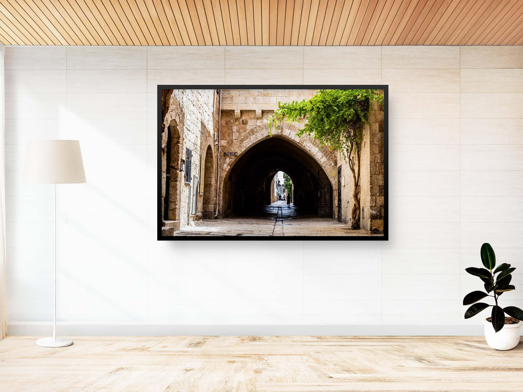 Jerusalem Old City Pedestrian Street with Tunnel Arch and a Girl in the Shadow