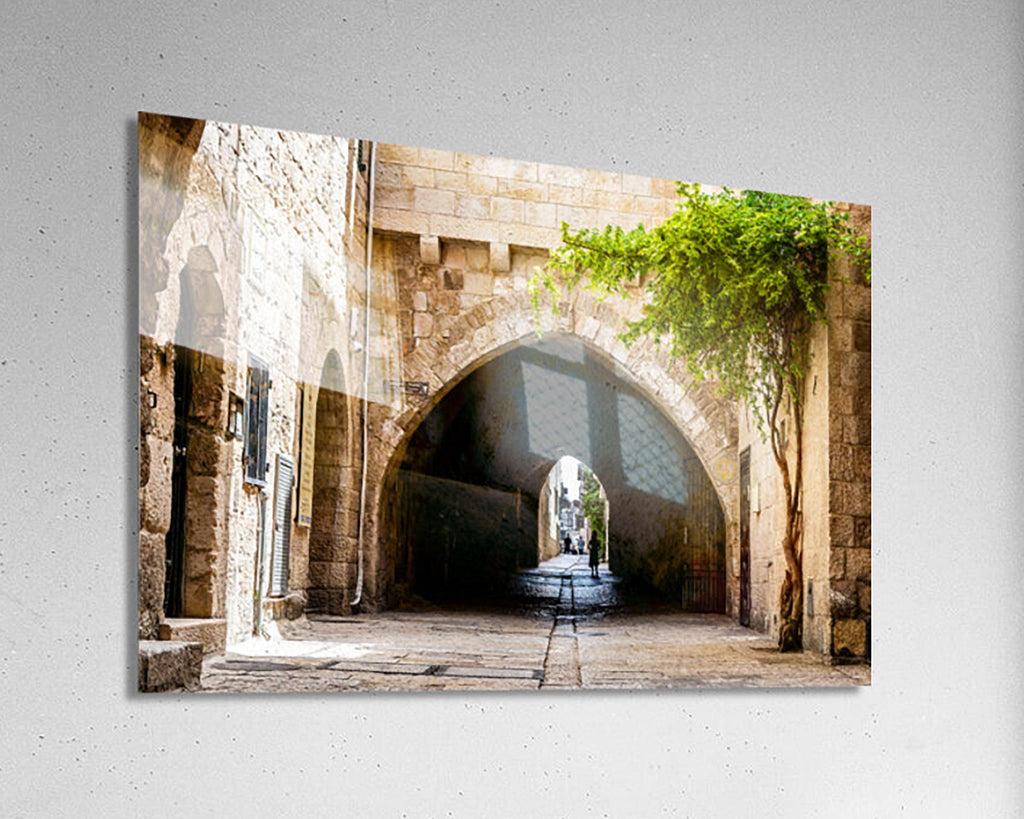 Jerusalem Old City Pedestrian Street with Tunnel Arch and a Girl in the Shadow