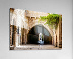 Jerusalem Old City Pedestrian Street with Tunnel Arch and a Girl in the Shadow