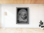 Black and White Jerusalem Old City Pedestrian Street with Olive Tree, Arch and Paintings on wall
