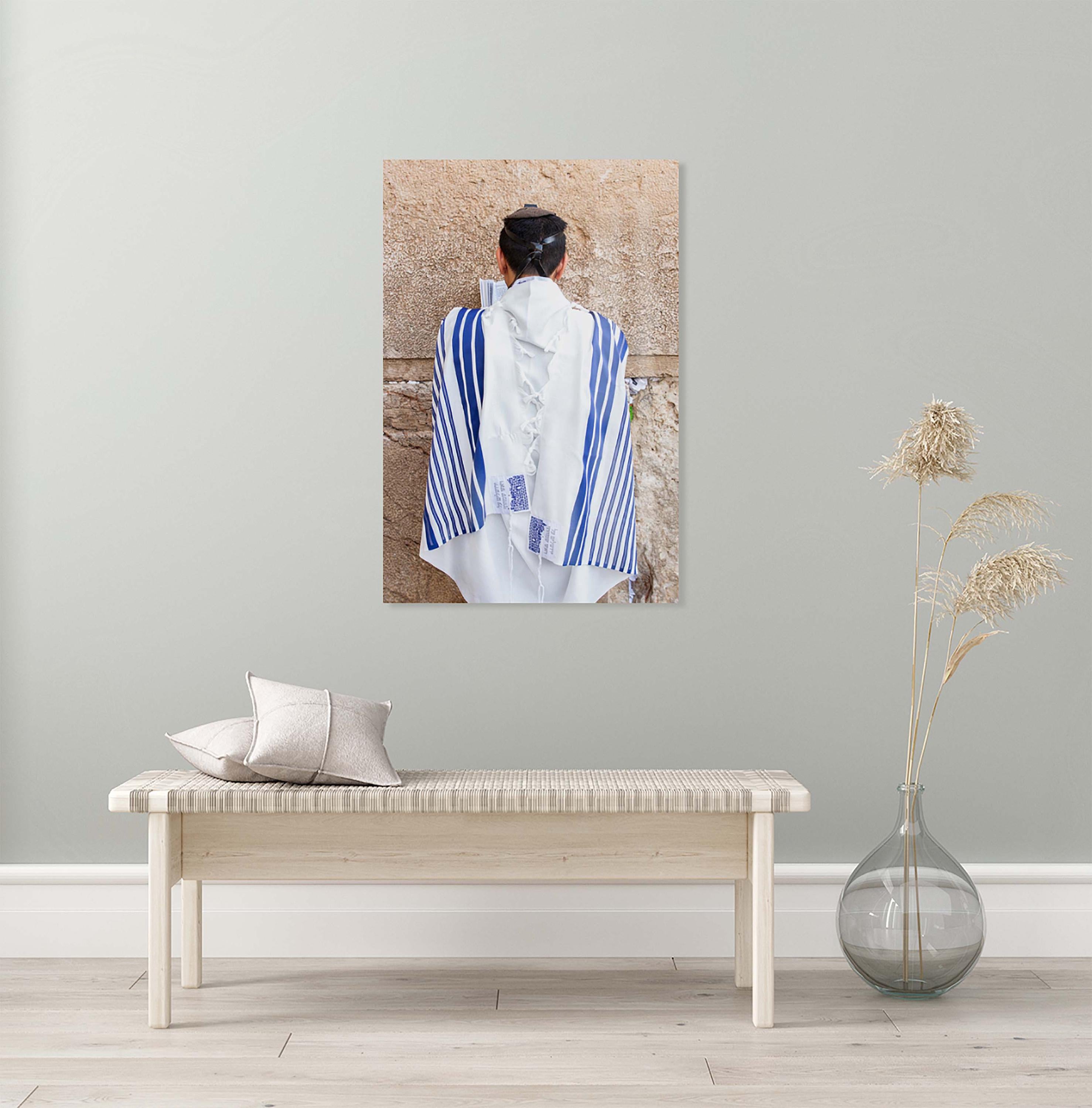 Kotel Western — Jewish Man Praying with Blue Tekhelet Tallit