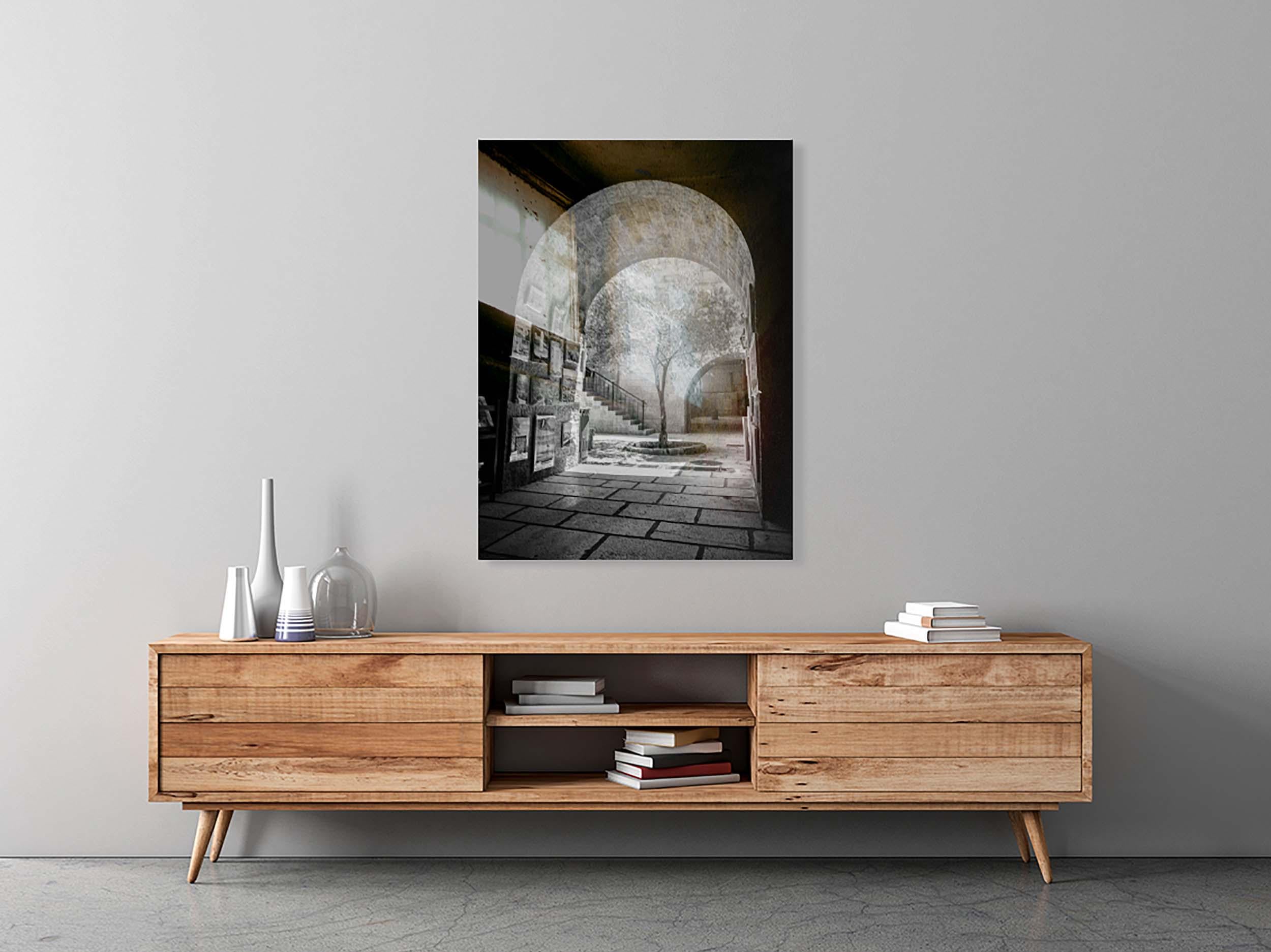 Black and White Jerusalem Old City Pedestrian Street with Olive Tree, Arch and Paintings on wall