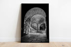 Black and White Jerusalem Old City Pedestrian Street with Olive Tree, Arch and Paintings on wall