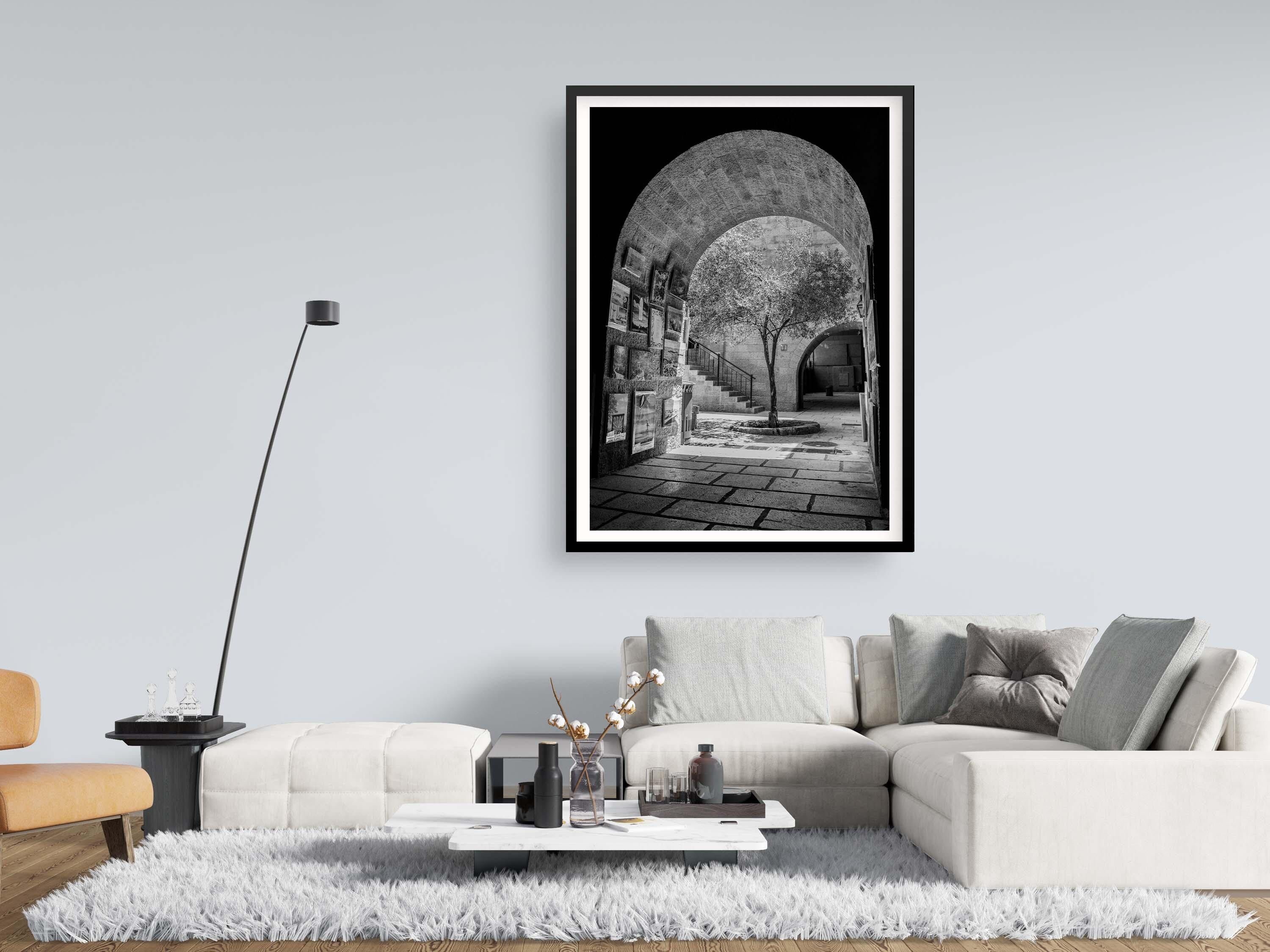 Black and White Jerusalem Old City Pedestrian Street with Olive Tree, Arch and Paintings on wall
